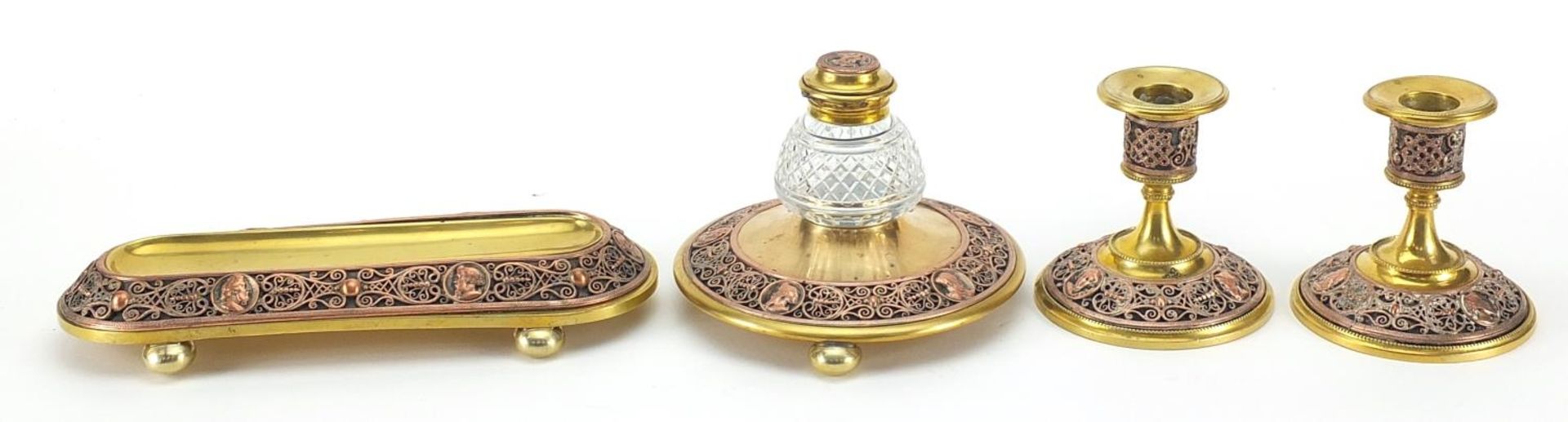 19th century continental gilt brass and copper desk set comprising a pen tray, inkwell and pair of - Image 2 of 3