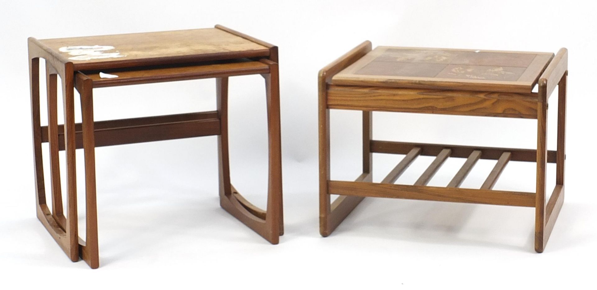 Three vintage teak occasional tables, one with tiled top, the tiled example 44cm H x 56cm W x 50cm D