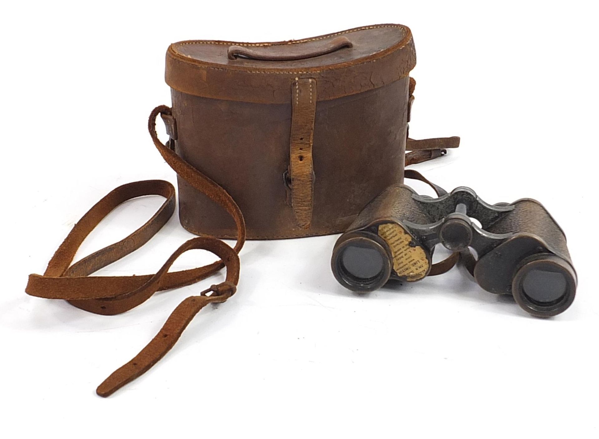 Pair of British military World War I Prismatic MK II binoculars with leather case numbered 250,