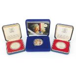 Modern silver proof coins comprising two commemorative crowns and Golden Jubilee five pound coin