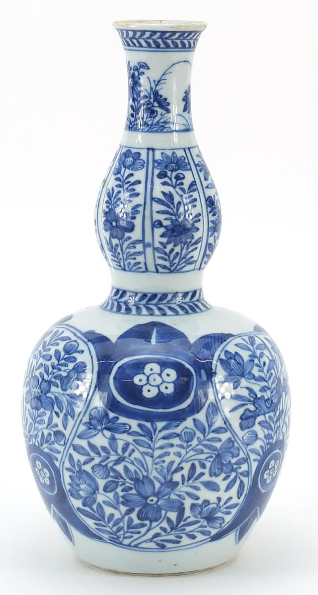 Chinese blue and white porcelain double gourd vase hand painted with flowers and scrolling
