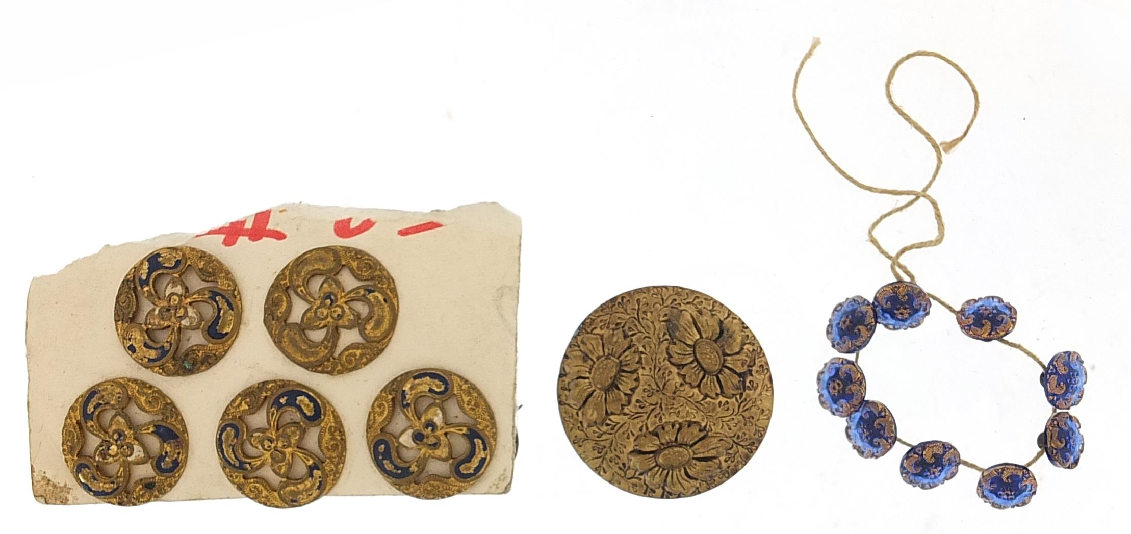 Victorian gilt metal floral buttons including glass examples, the largest 3cms round