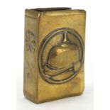 Military interest brass matchbox case decorated in relief with a helmet