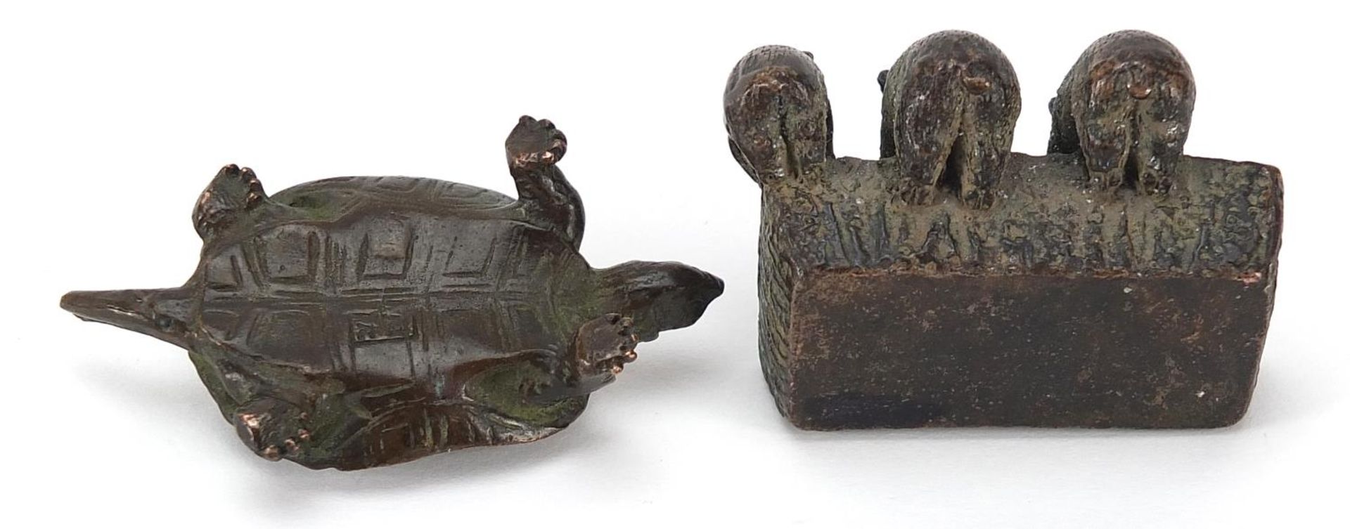Two Japanese patinated bronze animals comprising terrapin and three pigs at a trough, the largest - Image 3 of 4