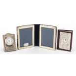 Silver items including double folding photo frame and desk clock, the largest 10.5cm high