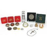Sundry items including miner's strike badges, Festival of Britain crown and a miniature bisque doll