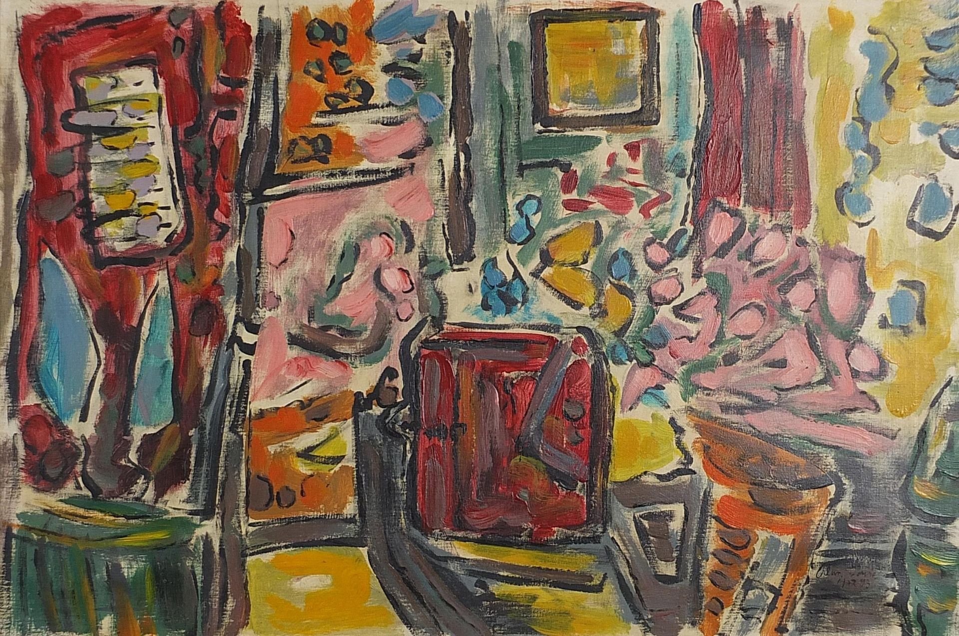 Manner of Alan Davie - Abstract composition, interior scene with flowers, oil on canvas, framed,