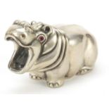 Silver hippopotamus with ruby eyes, impressed Russian marks, 7cm in length, 73.5g