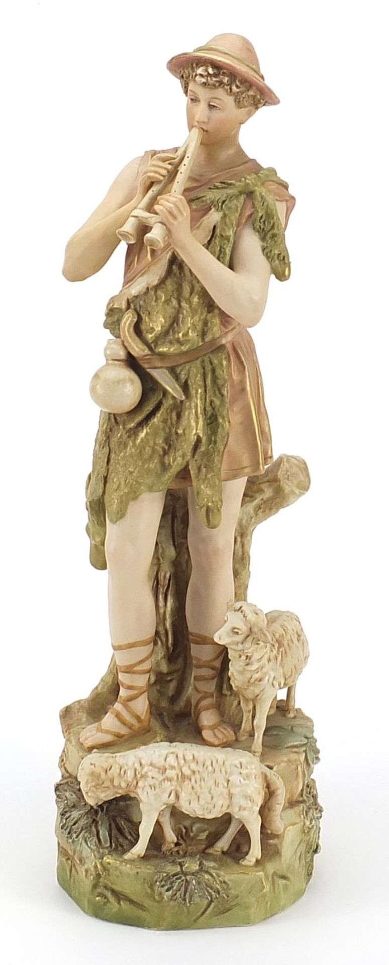 Royal Dux, Art Nouveau Czechoslovakian figure of a shepherd with two sheep, numbered 135 to the