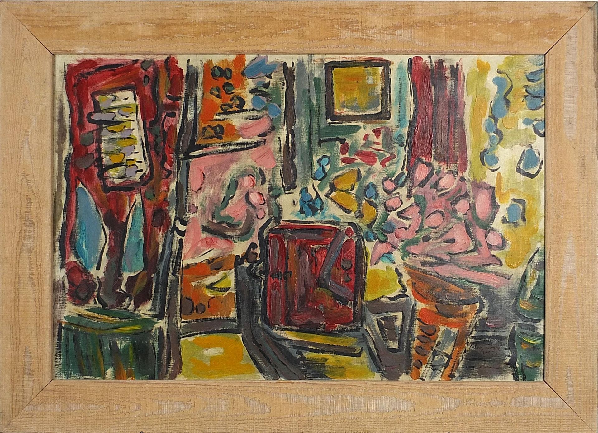 Manner of Alan Davie - Abstract composition, interior scene with flowers, oil on canvas, framed, - Image 2 of 4