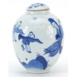 Chinese blue and white porcelain lidded tea caddy hand painted with a mother and children playing in