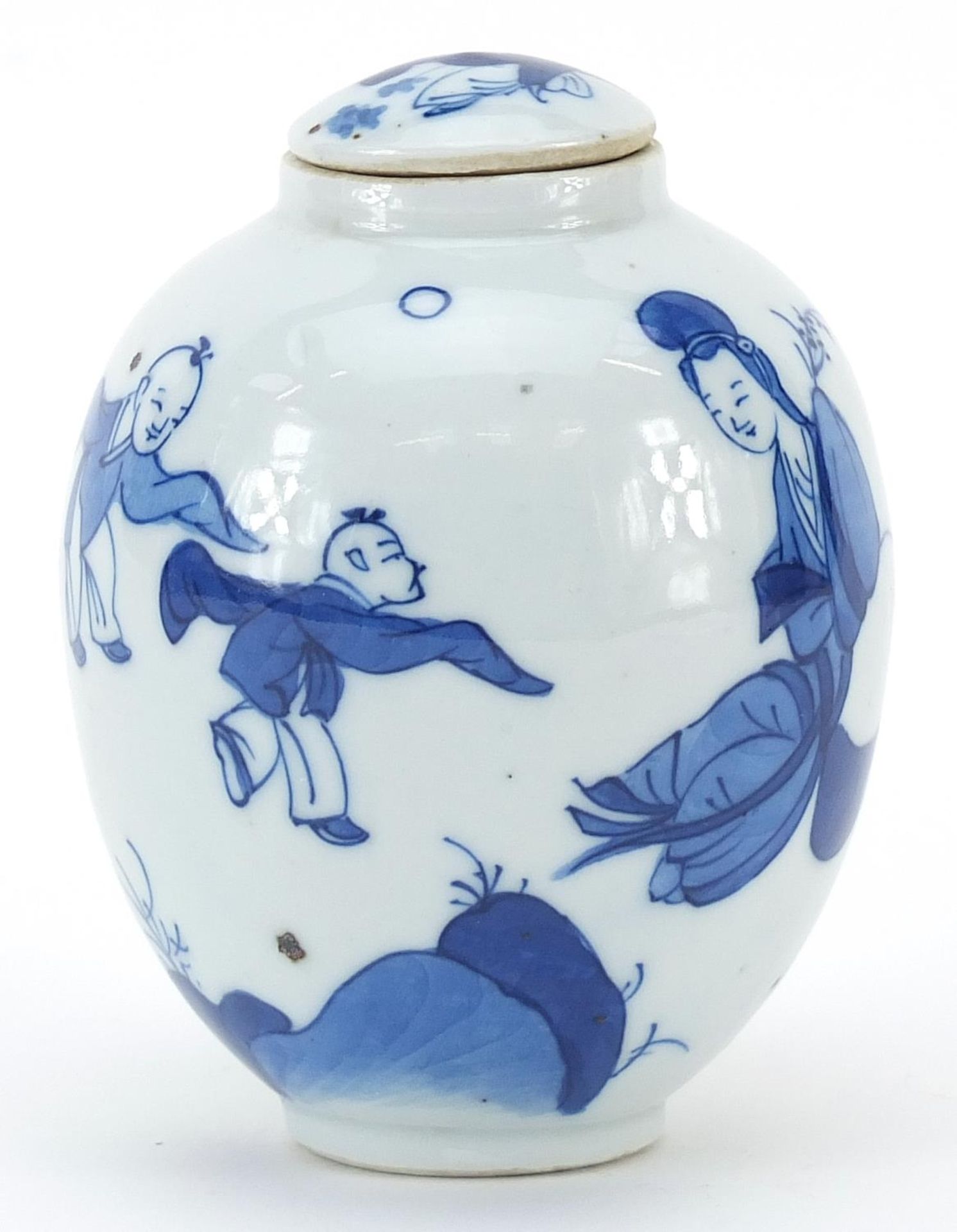 Chinese blue and white porcelain lidded tea caddy hand painted with a mother and children playing in