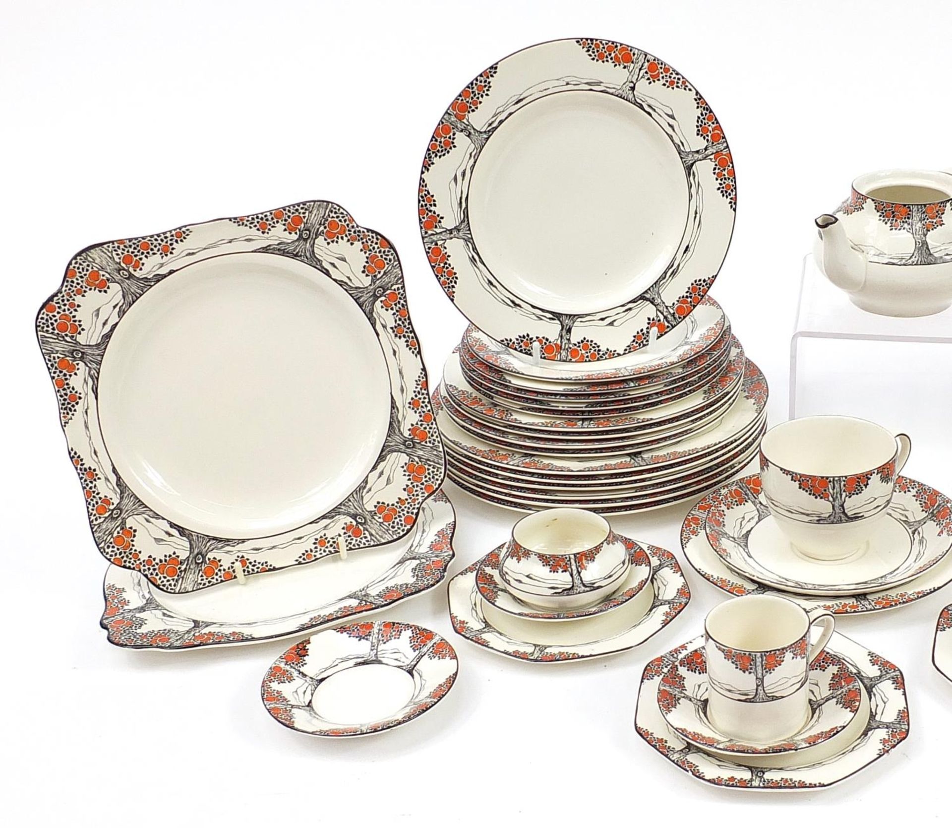 Crown Ducal, Art Deco Orange Tree dinner and teaware including two teapots, milk jugs, meat plate - Image 2 of 5