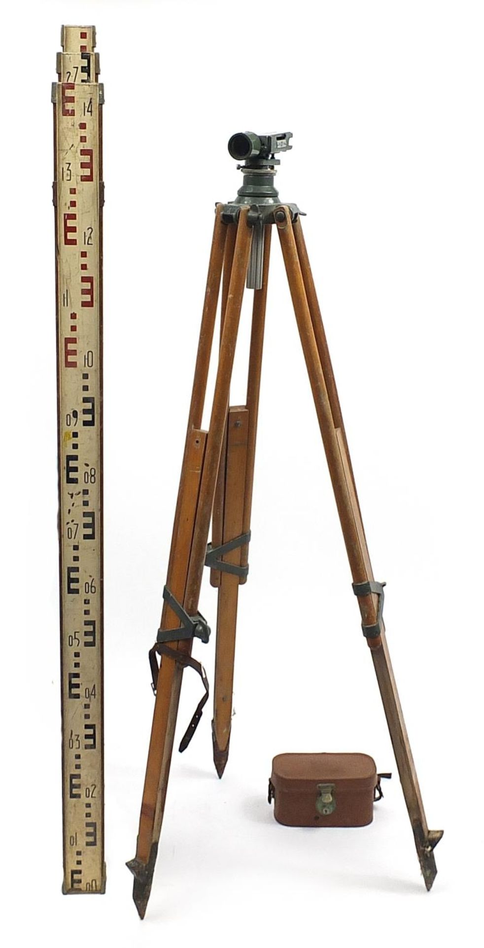 Hilger & Watts SL10-1 surveyor's level in leather case with tripod stand and measuring staff