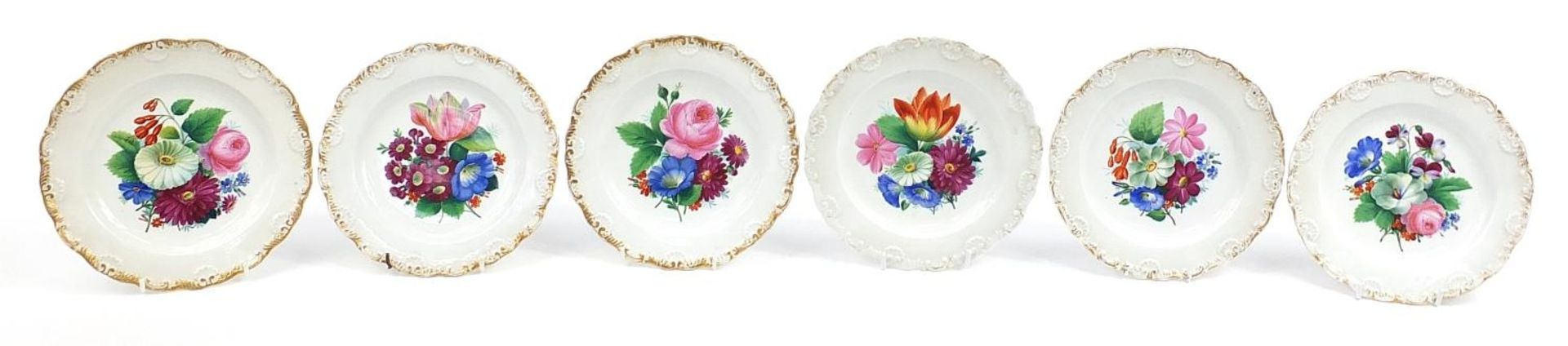 Meissen, set of six German porcelain plates hand painted with flowers, each 21cm in diameter