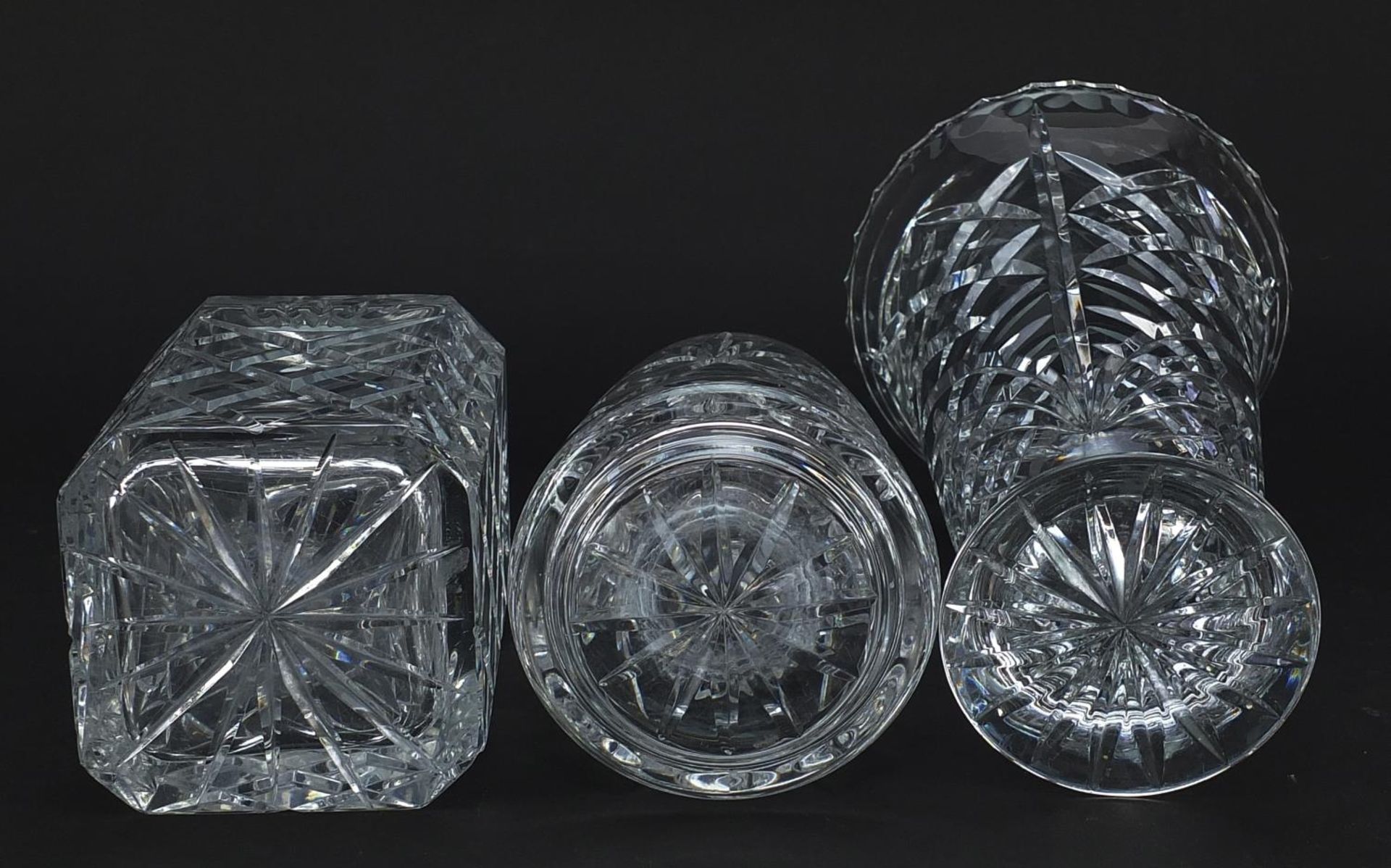 Two cut glass decanters with stoppers and cut glass vase, the largest 28.5cm high - Image 3 of 3