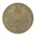 Elizabeth II error coin showing 1962 one shilling and new fivepence, approximately 2.5cm in diameter