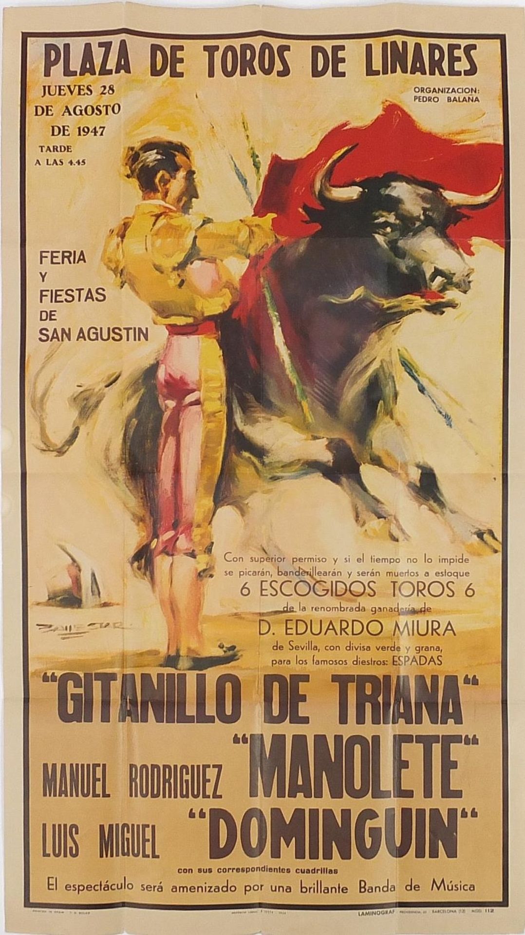 Vintage Spanish bullfighting poster, 97.5cm x 53.5cm