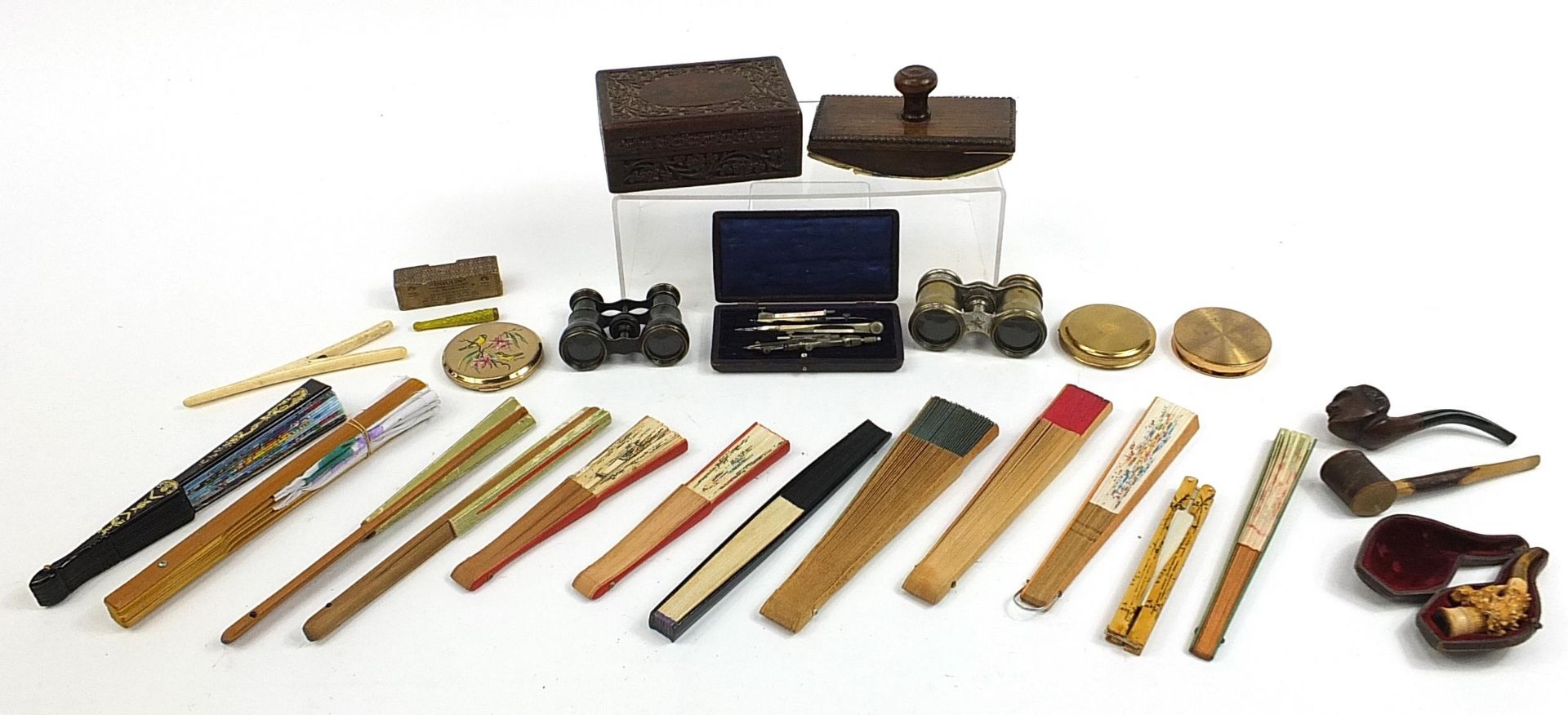 Sundry items including binoculars, bone glove stretchers, part drawing set, oak blotter and fans