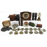 Sundry items including Maori carvings, cameras, Dinky toy, Midland Bank savings box and mantle clock