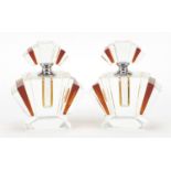 Pair of Art Deco style amber coloured and clear glass scent bottles, 12cm high