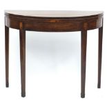 Edwardian inlaid mahogany demi lune folding tea table, 74cm H x 92cm W x 40cm D when closed