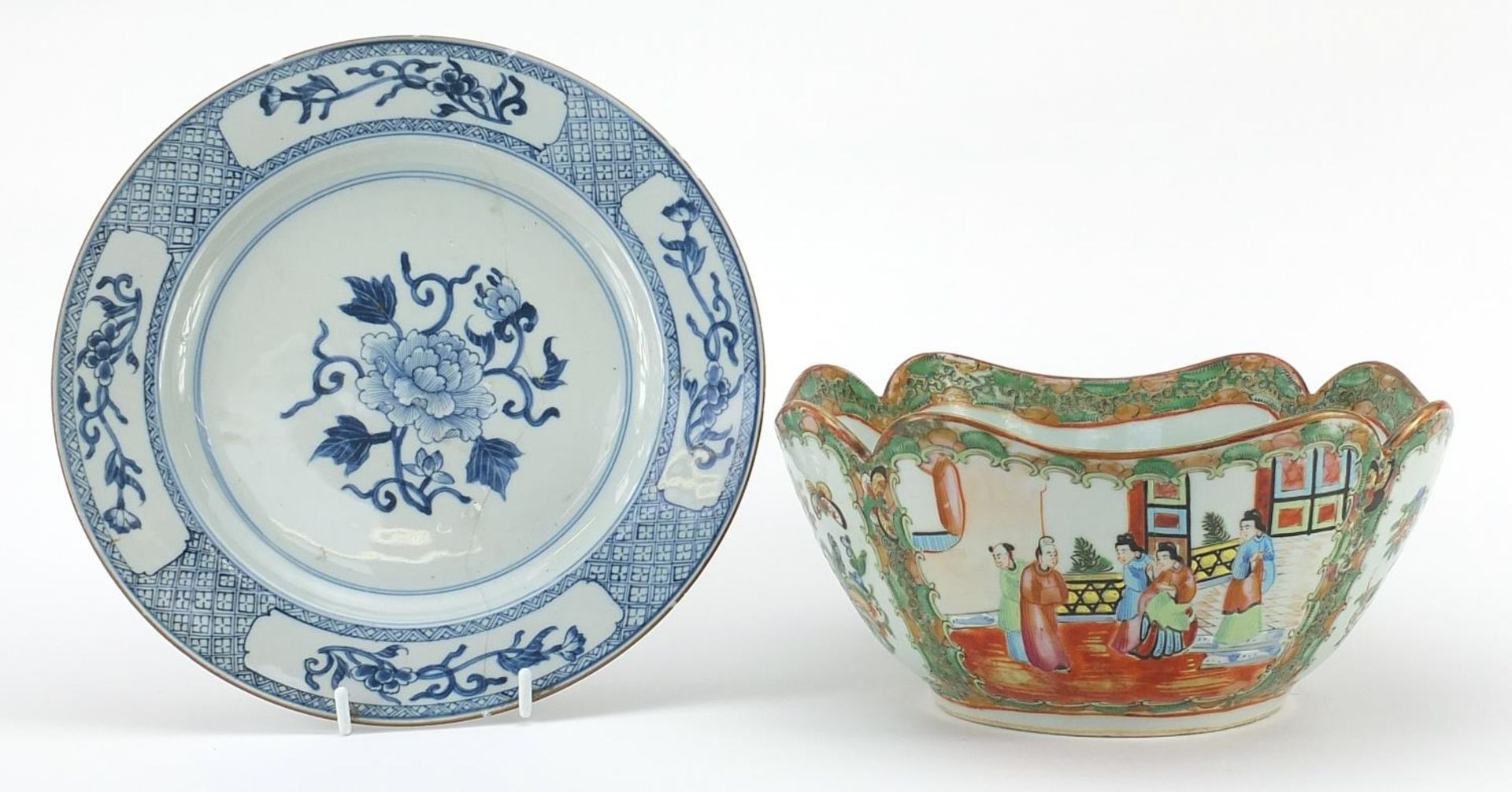 Chinese Canton porcelain bowl and a blue and white plate, the largest 26.5cm in diameter