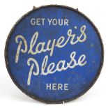 Circular Get Your Players Please Here, double sided enamel advertising sign, 46cm in diameter