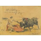 Roberto Domingo Y Fallola - Spanish bullfighting scene, ink and watercolour, inscribed in pencil