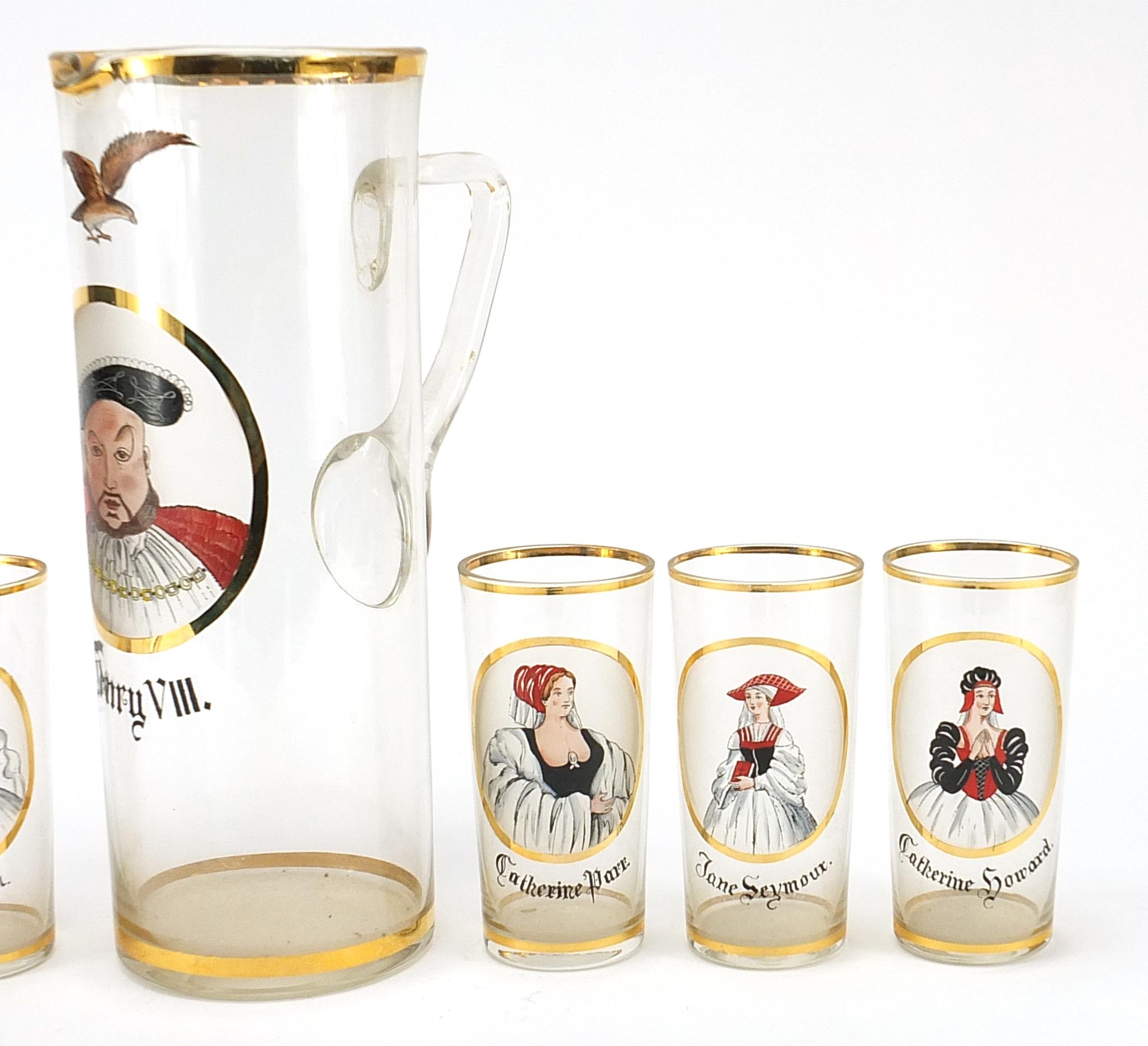 Henry VIII and six wives design lemonade jug and six glasses, the largest 30.5cm high - Image 3 of 3