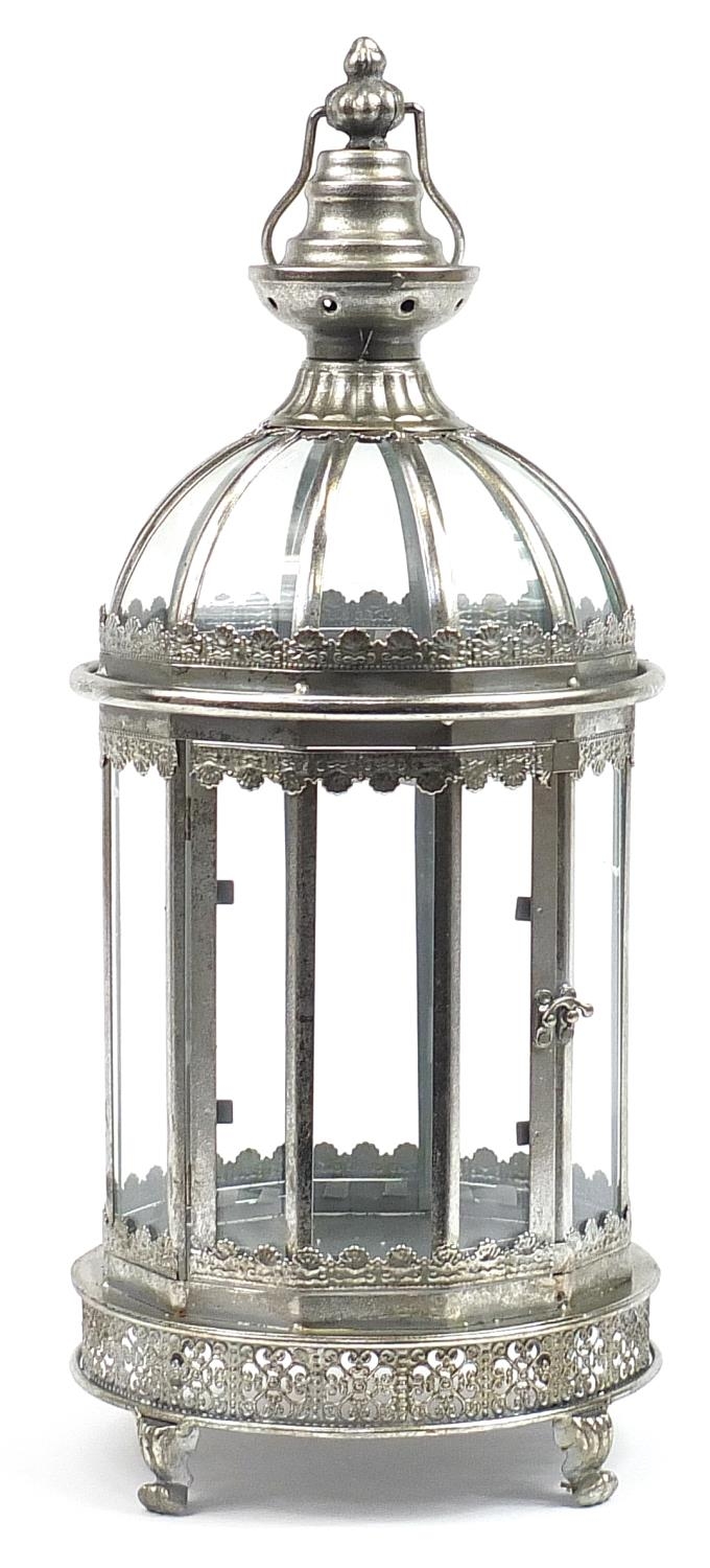 Silvered metal and glass lantern, 69cm high