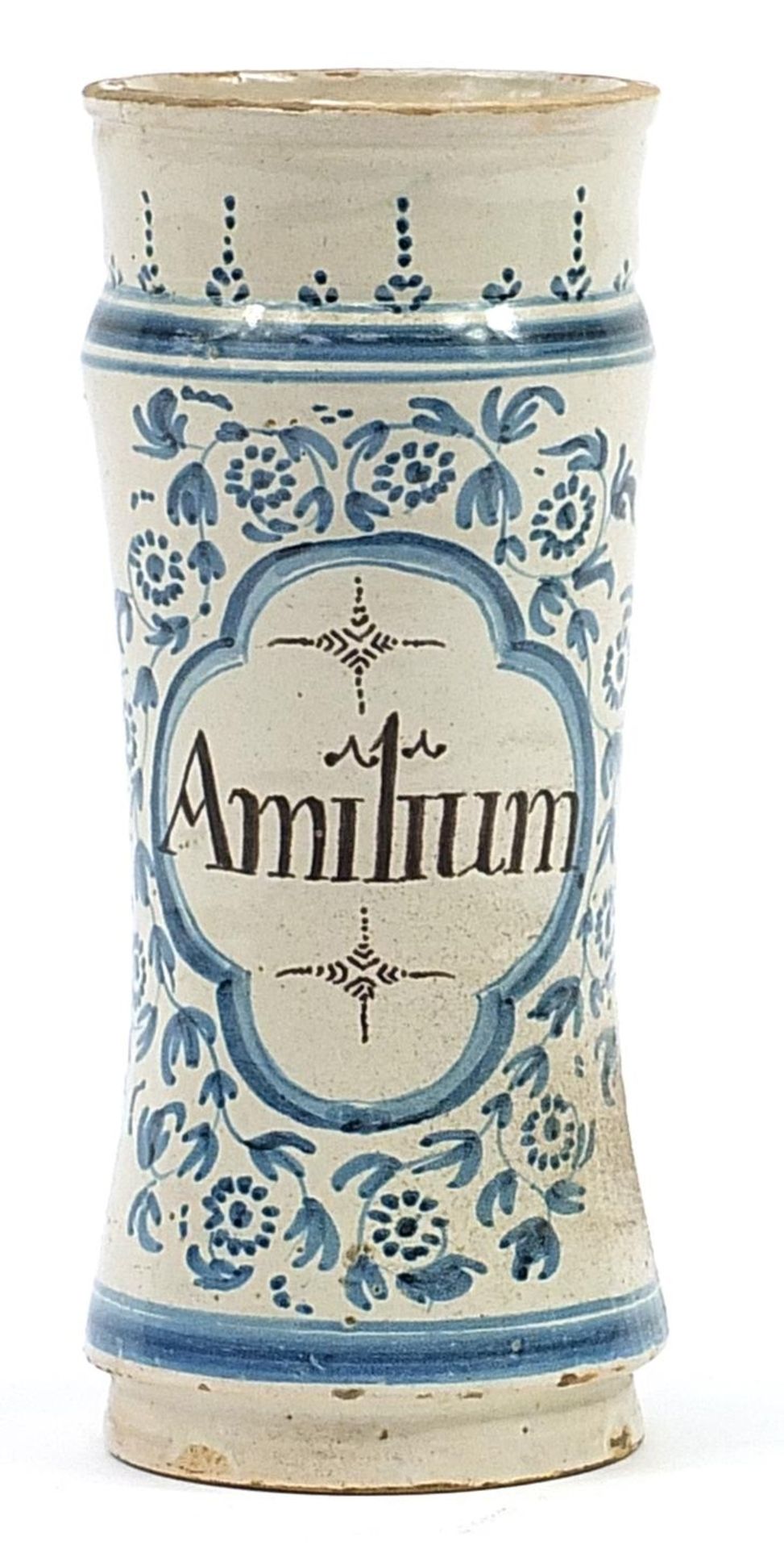 Antique delft tin glazed Albarello apothecary jar inscribed Amilium, 28.5cm high