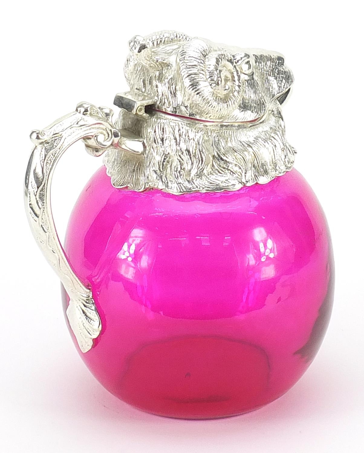 Silver plated and cranberry coloured glass jug in the form of a ram's head, 20cm high - Image 2 of 4