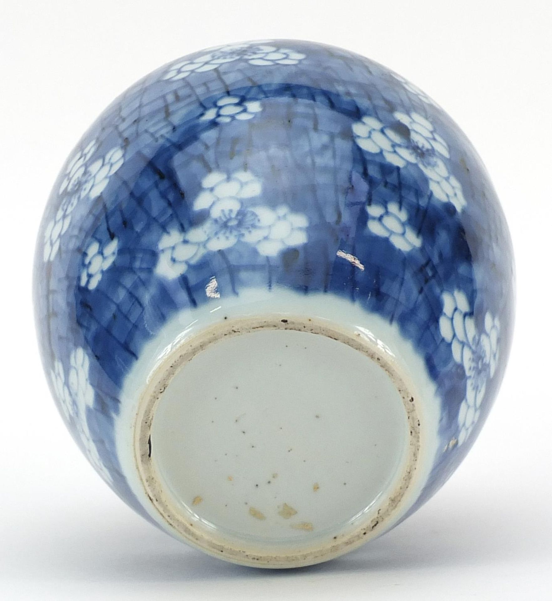 Chinese blue and white porcelain ginger jar hand painted with prunus flowers on carved hardwood - Image 3 of 3