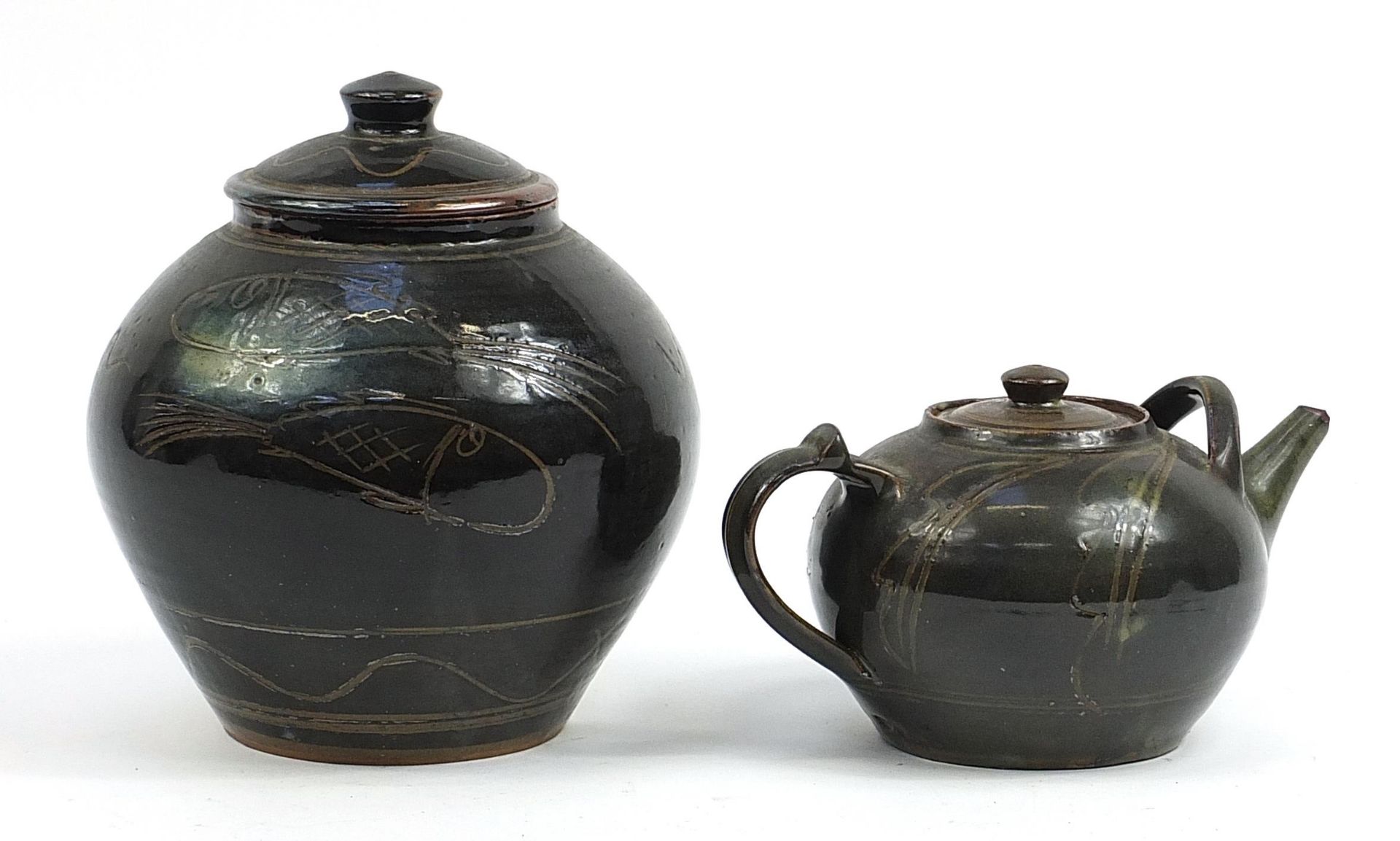 Mark Hewitt for Wenford Bridge, studio pottery teapot and jar with cover incised with stylised fish, - Image 2 of 3