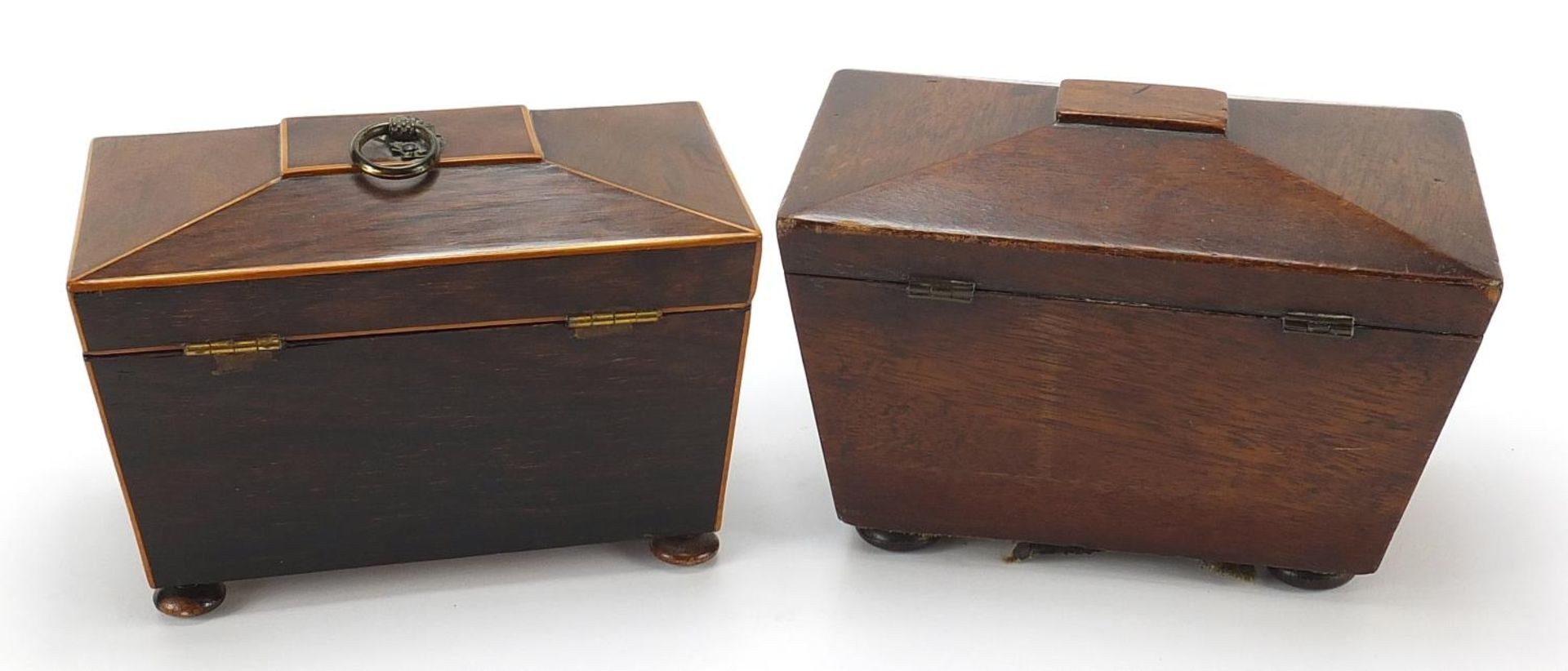 Two Victorian mahogany sarcophagus shaped tea caddies with twin divisional interiors, the largest - Image 3 of 4