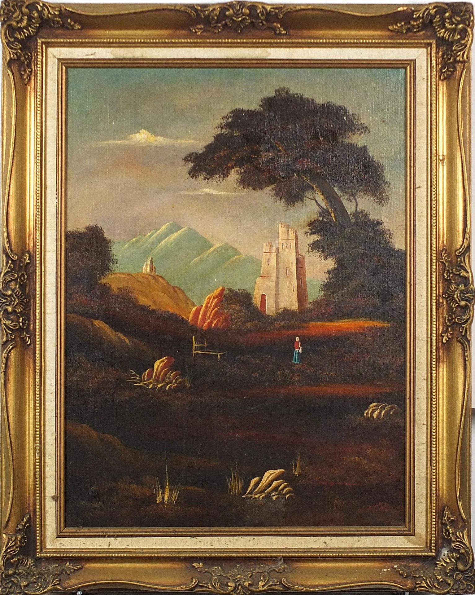 Figure before a mountainous landscape, Middle Eastern school oil on canvas, mounted and framed, 60cm - Image 2 of 4