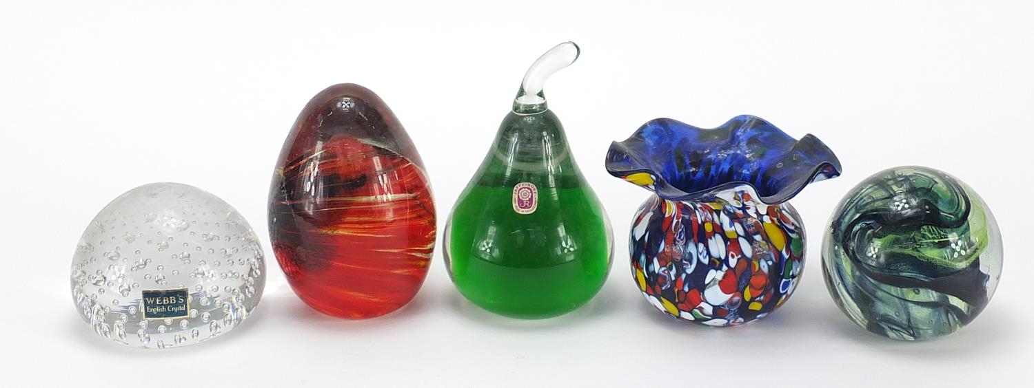 Art glassware including a Millefiori vase, Czechoslovakian pear paperweight and Webb, the largest - Image 2 of 4