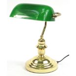 Brass banker's lamp with green glass shade, 37cm high