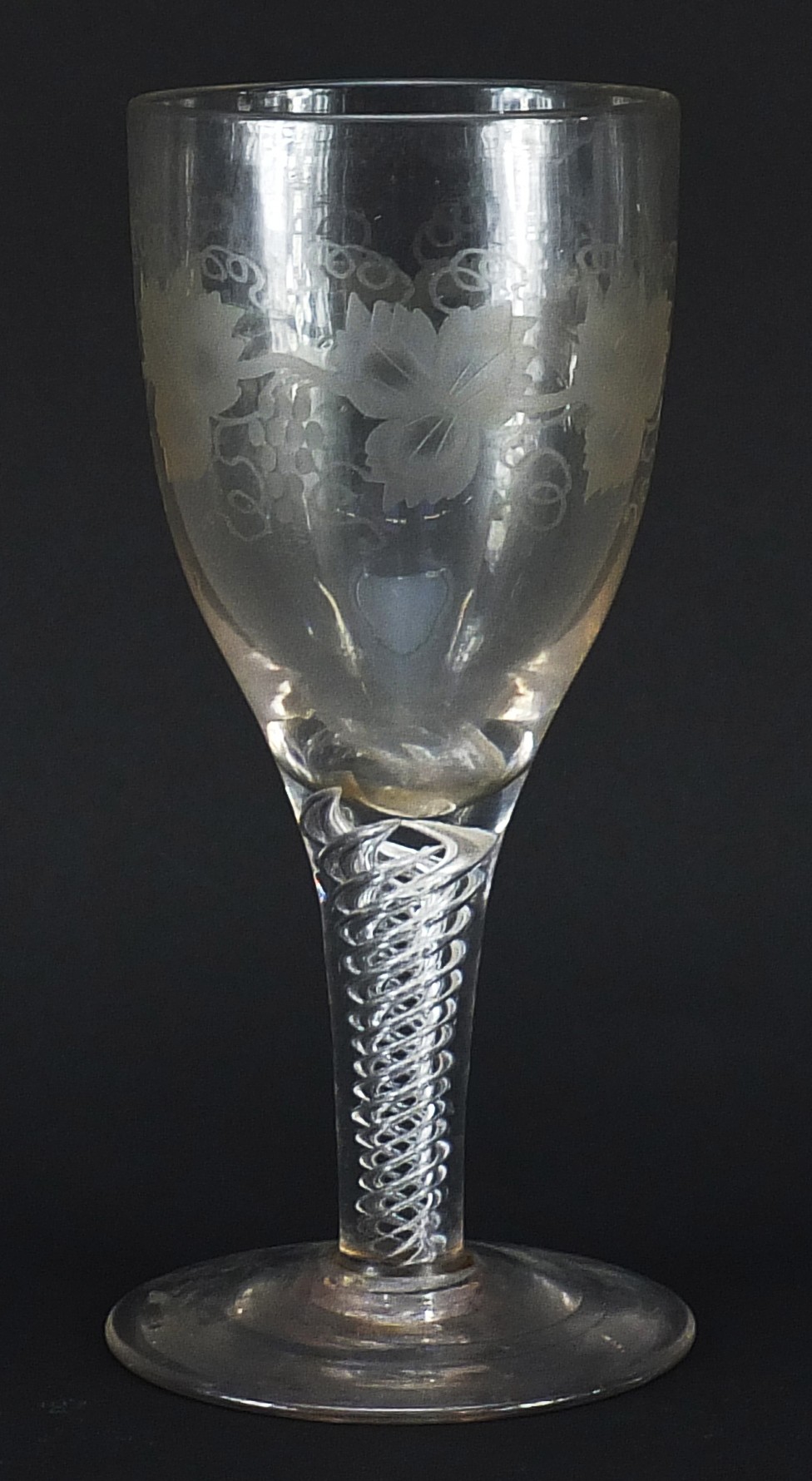 18th century wine glass with air twist stem and etched bowl, 21cm high - Image 2 of 3