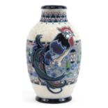 Amphora, large Czechoslovakian Art Nouveau vase hand painted with a stylised cockerel amongst