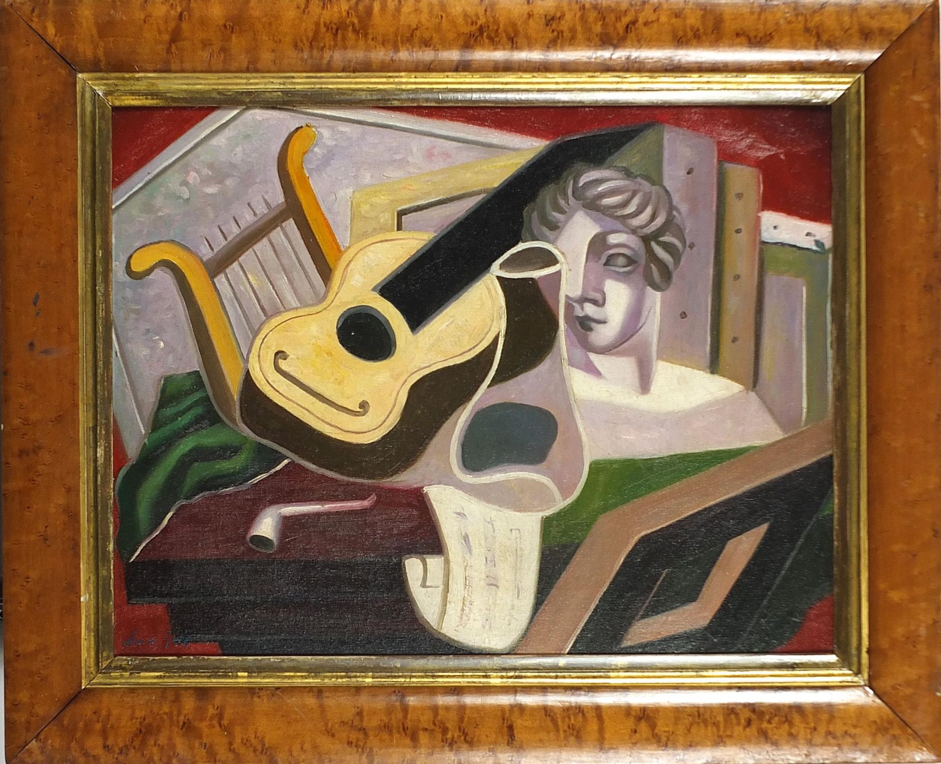 After Juan Gris - Surreal still life with guitar and bust, cubist oil on board, mounted and - Image 2 of 4