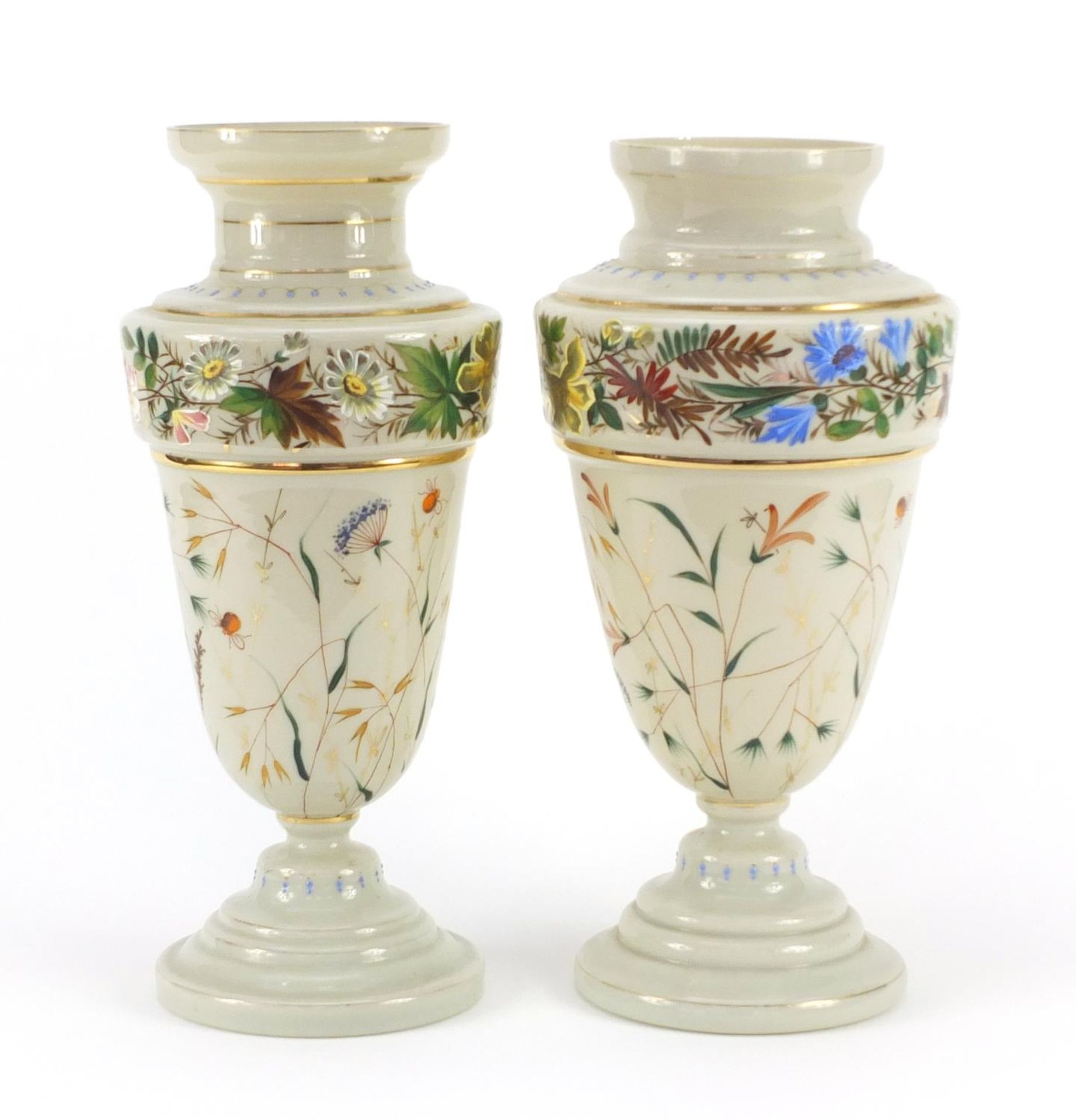 Matched pair of 19th century opaline glass vases, hand painted with flowers and insects amongst - Image 8 of 11