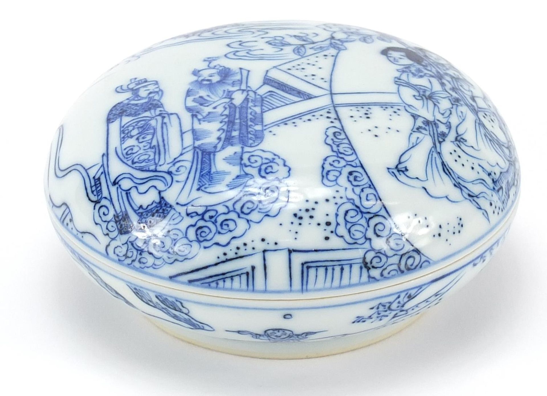 Chinese blue and white porcelain box and cover hand painted with figures in a palace setting, six