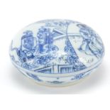 Chinese blue and white porcelain box and cover hand painted with figures in a palace setting, six