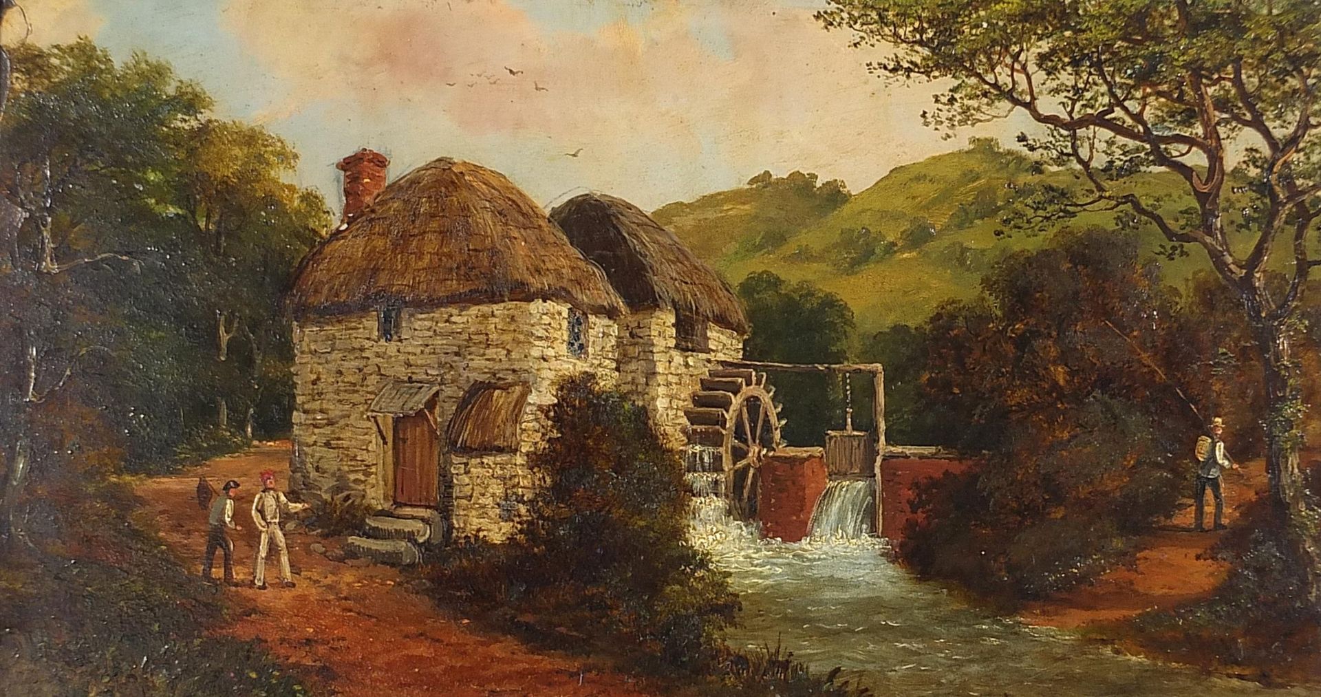 Figures beside a watermill, continental oil on board, mounted and framed, 53cm x 28cm excluding