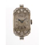 Art Deco ladies platinum and diamond cocktail watch, the case 15mm wide, 10.8g