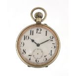 Gentlemen's silver plated goliath pocket watch with enamel dial, 65mm in diameter