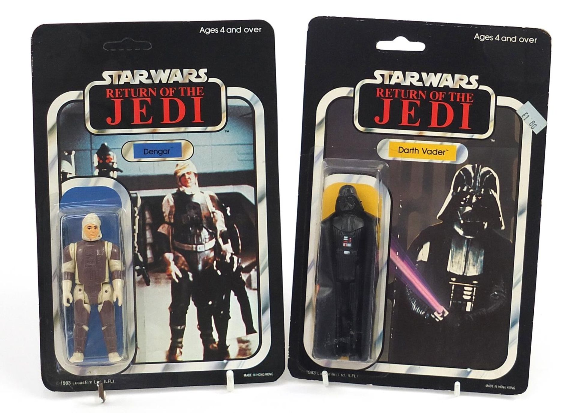 Two 1983 Star Wars Return of the Jedi figures housed in sealed blister packs including Darth Vader