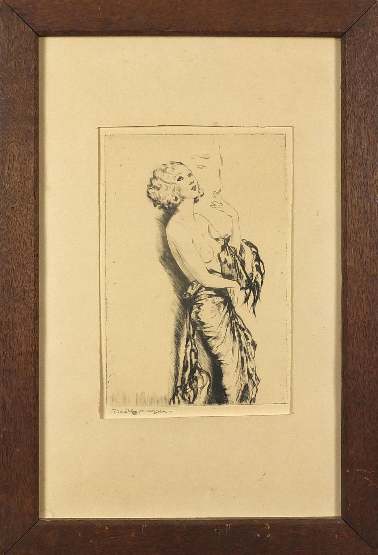 Portrait of a semi nude female smoking, pencil signed print, indistinctly signed, possibly ... M - Image 2 of 4